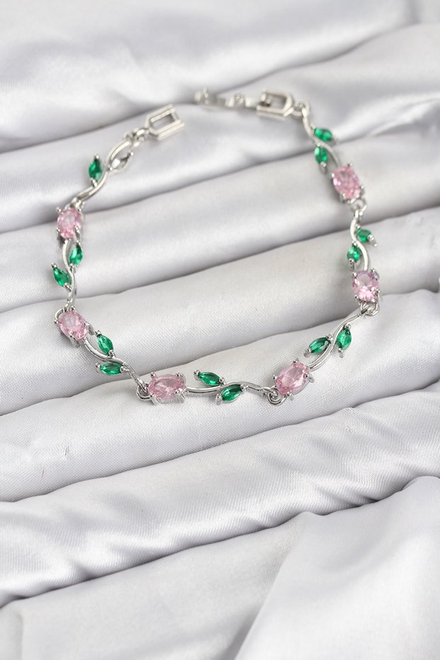 Brass Silver Color Pink Zircon Stone Flower Model Women's Bracelet Tj-Bb8590