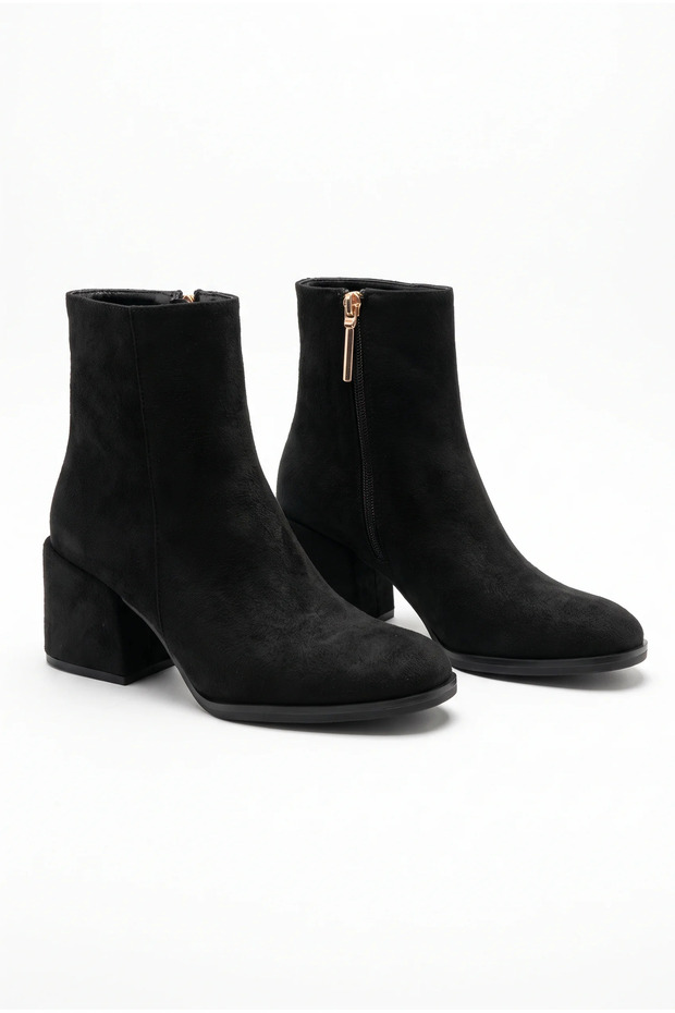 Women's Gold Zipper Detailed Thick Heeled Round Toe Ankle Boots - Milena - Black Suede