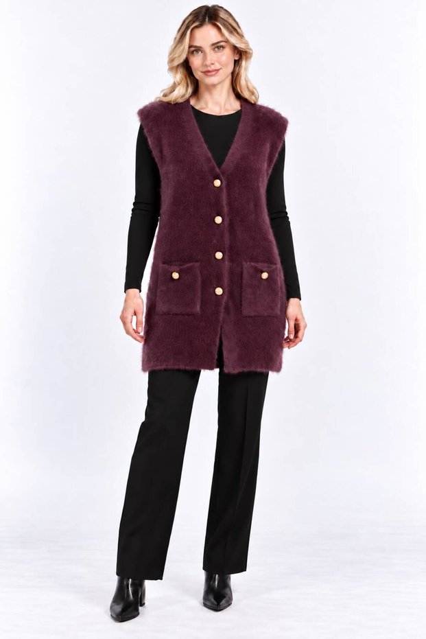 Women's V-Neck 4-Button Pocket Detailed Shardonlu Furry Long Knitwear Vest