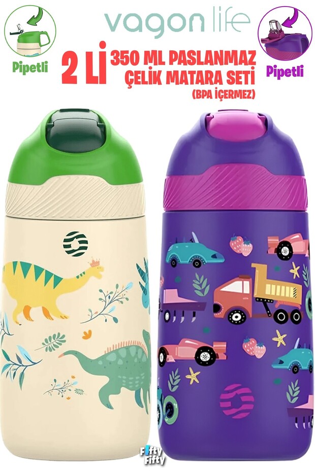 Set of 2 350 ml Children's Steel Flask with Straw Stainless Steel Thermos 5 Different Colors 2055-350ml