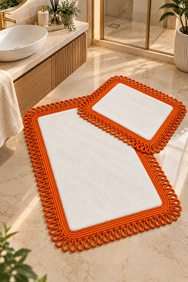 Melissa Trikot Kenar 2-Piece Bath Mat Set Wicker Jute Rope, Plush Furry Non-Slip Mat with Knitted Edges Decorative Bath Rug 70X110 cm + 50X70 cm