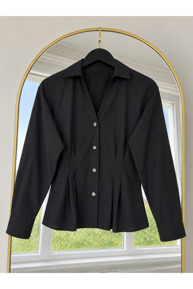 V-Neck Waist Belted Shirt - 43582 - Black