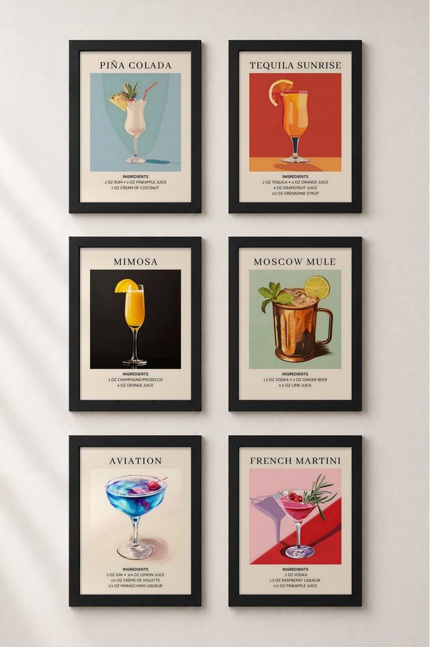 6 Piece Summer Cocktails Framed Painting Set Cocktail Posters Bar Kitchen Gallery Wall Six08