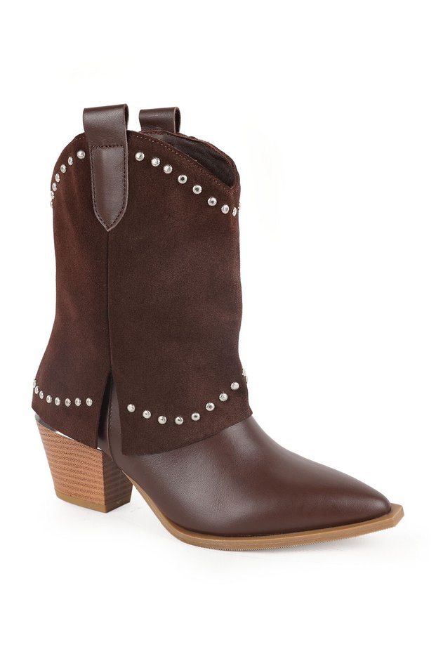 Women's Boots L031.27103160K Brown Genuine Antique Leather and Suede Decorated with Metal Studs Trok Detail
