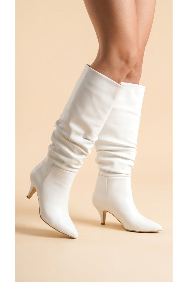 Women's Drawstring Detailed Pointed Toe Thin Heeled Long Boots