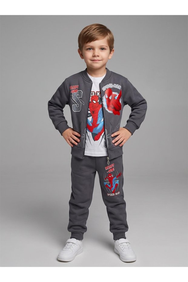 Boy's Patterned 3-Yarn Rastered Elastic Leg 3-Piece Tracksuit Set - 261203
