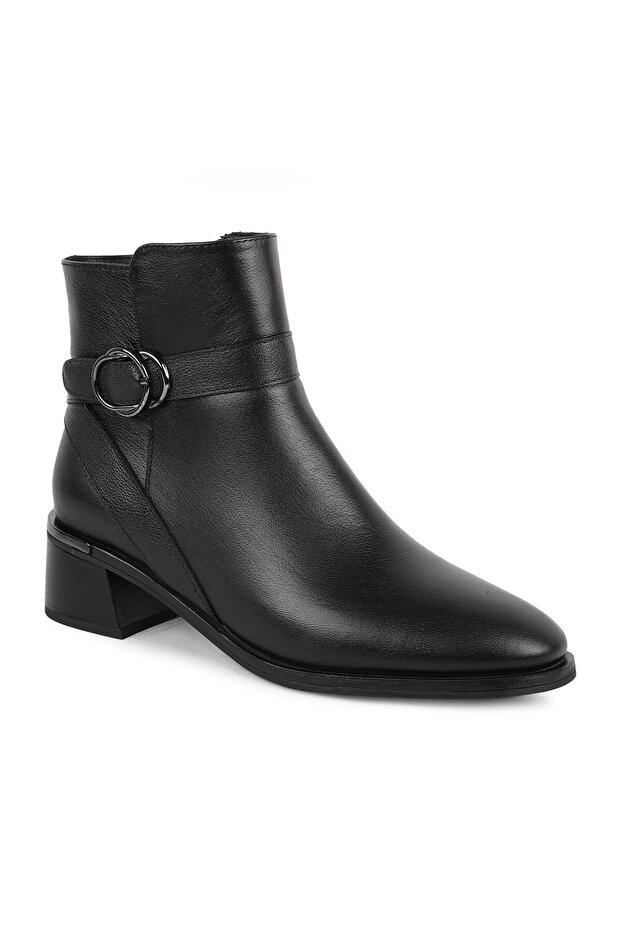 Women's Boots L065.502K Black Genuine Antique Leather with Side Belt and Double Metal Ring Accessories Pointed/Bad