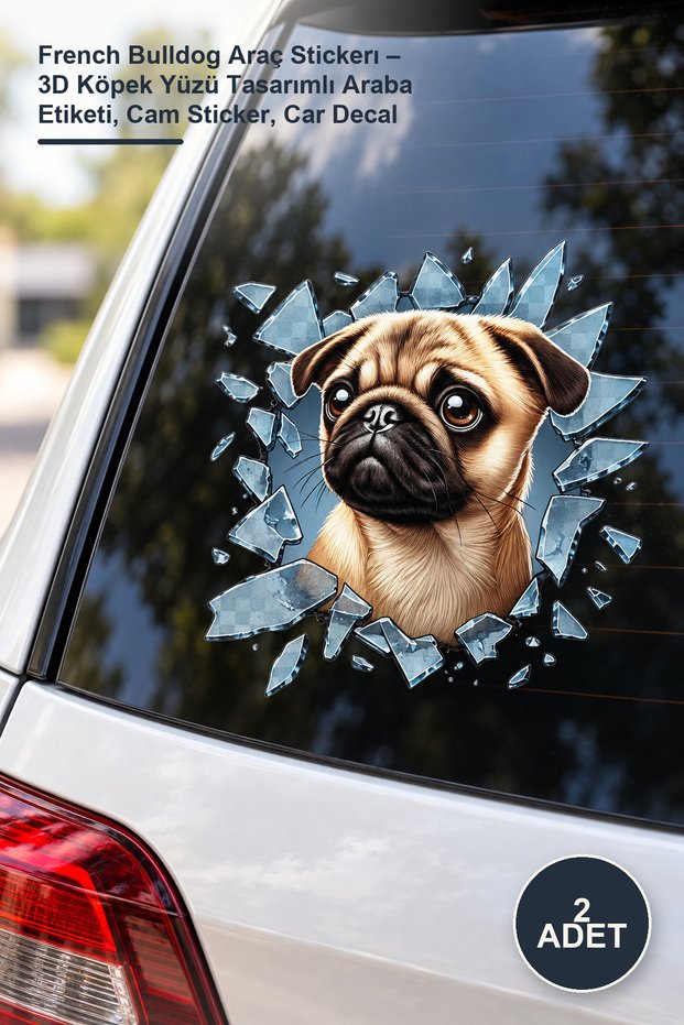 2 Pieces French Bulldog Car Sticker – 3D Dog Face Design Car Sticker, Windshield Sticker, Car Decal