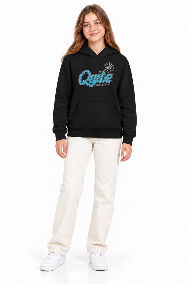 31610-26 Girl's Quite Printed Stone Embroidered Hooded Kangaroo Pocket Sweatshirt 13-16 Years Old