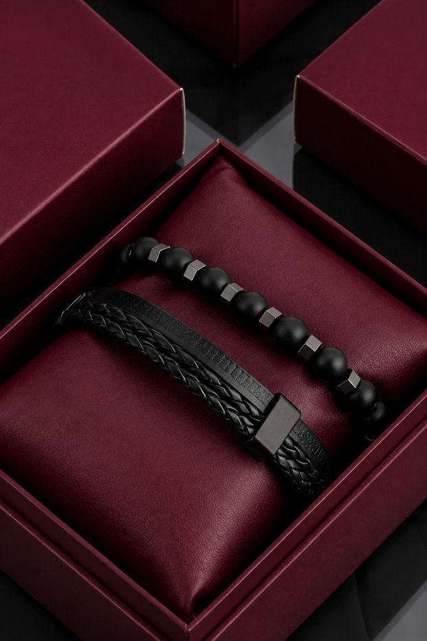Black Genuine Leather Bracelet and Hematite Natural Stone Bracelet Men's Bracelet Komibini