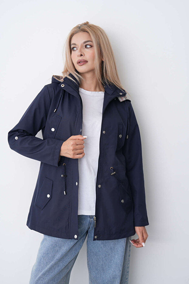 Women's Water-Resistant Plus Size Zip-Up Hooded Cotton Plaid Trench Coat