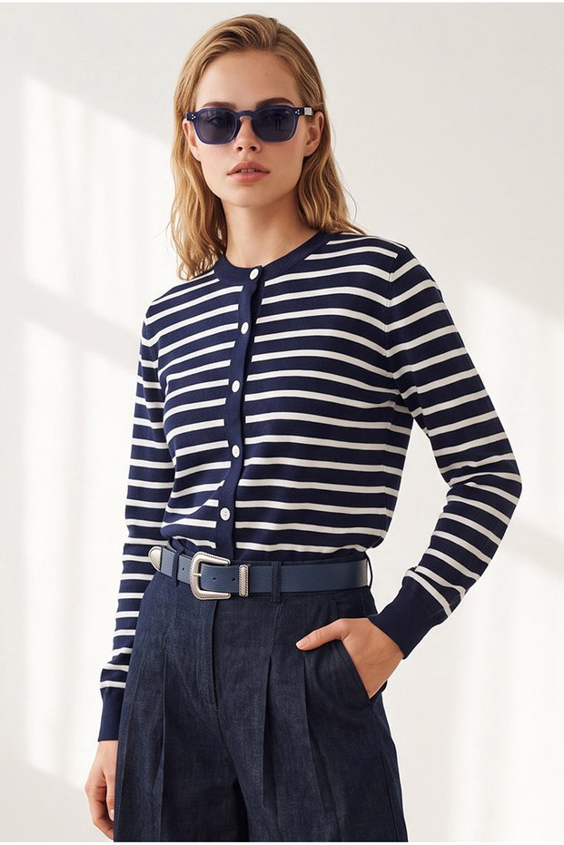 Women's Navy Blue Striped Buttoned Soft Textured Basic Cardigan Hrk-19000502