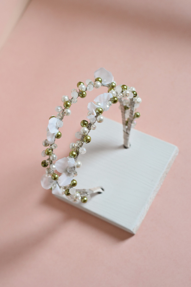 Adeluna Design Handmade Double Row Crown with Olive Green and White Pearls |   Maternity, Engagement, and Special Occasion Crown with Crystals and Flowers