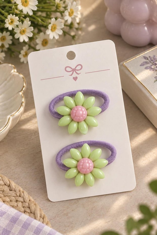 Girl's Purple Daisy Flower Rubber Hair Clip Set 2 Pieces - Soft Hair Clip with Green Flower Figure