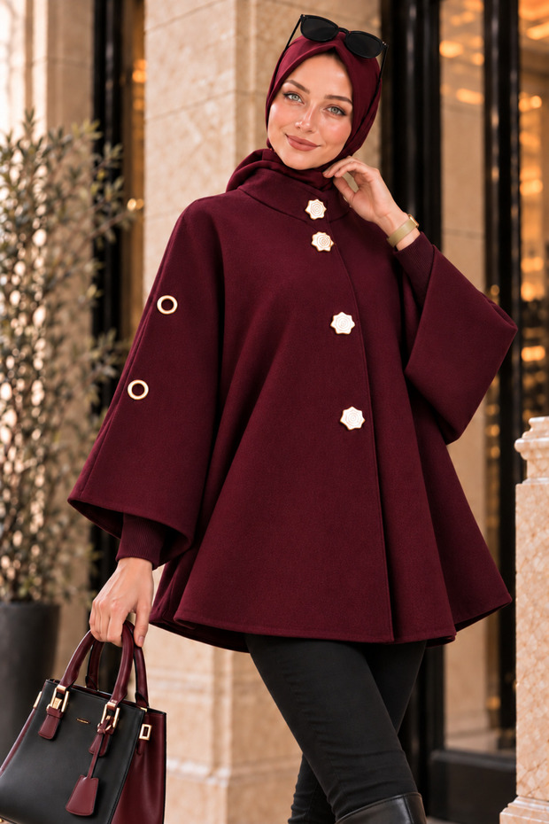 Buttoned Cashmere Poncho Claret Red