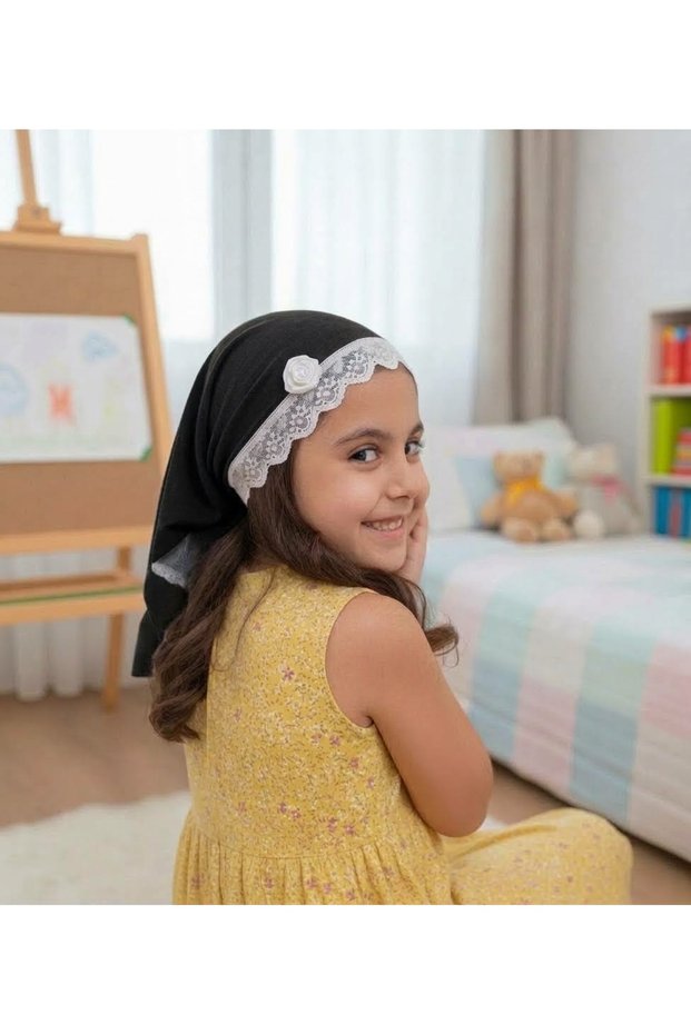 Girl's 100% Viscose Lace Triangle Cap (2-9 Years) - Flexible Children's Triangle Black Cap for School, Quran Course, Play, and Daily Use