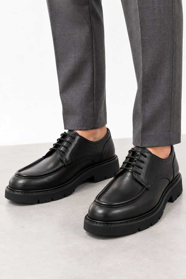 Corin Men's Genuine Leather Classic Shoes with Platform Soles - Black