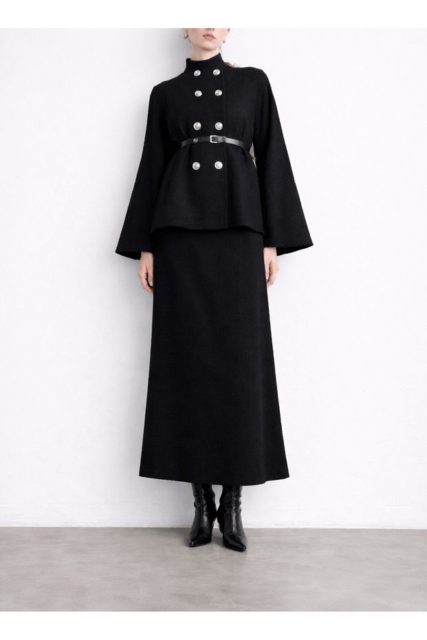 Double Button Detailed Skirt Suit - Black