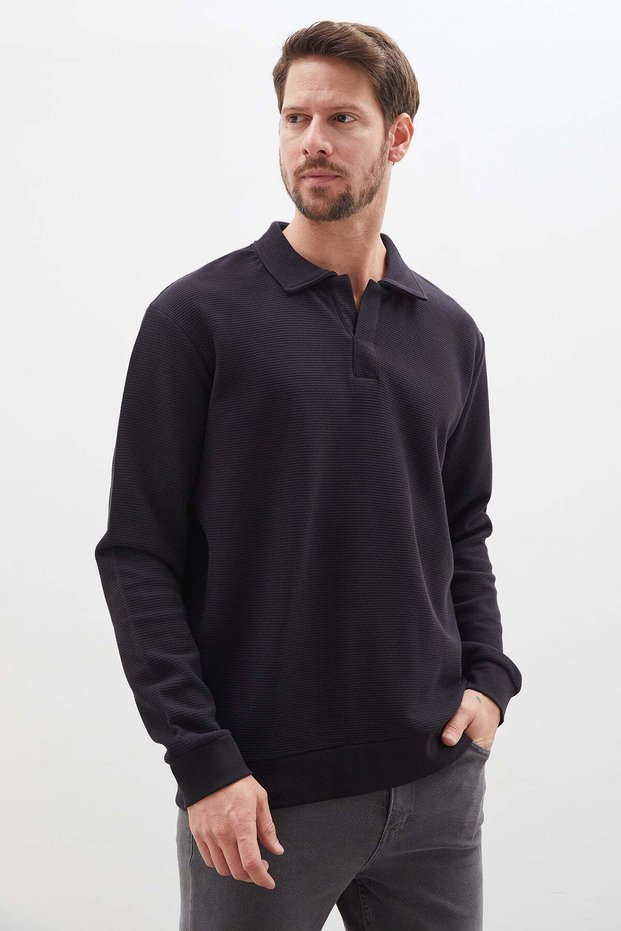 Honeycomb Fabric Apaş Collar Regular Sweatshirt
