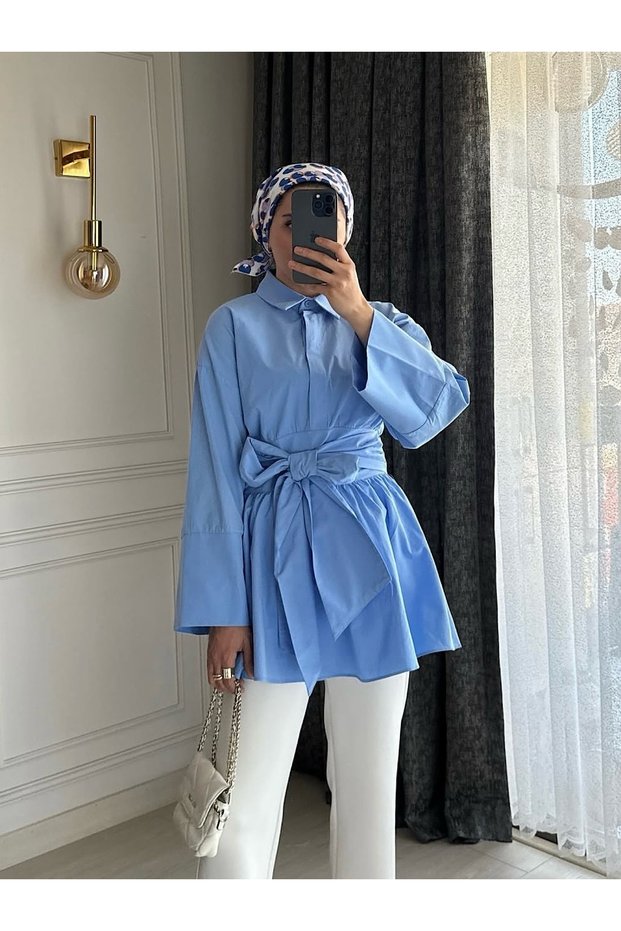 Tie-Waist Wide Sleeve Tunic - 6137 - Pck - Baby Blue