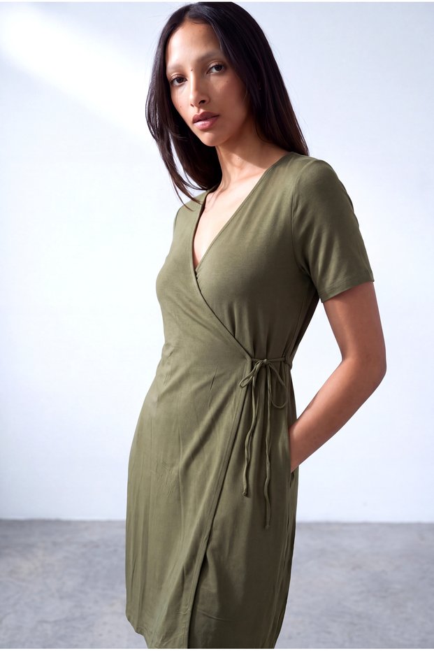 Women's Dark Green Viscose V-Neck Short Sleeve Side Tie Dress Kyra