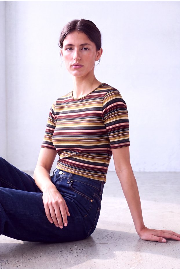 Women's Navy Blue Multi-Colored Striped Viscose Crew Neck 2/4 Sleeve Blouse Vera