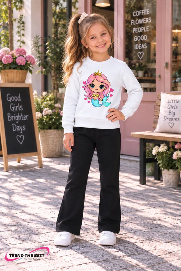 Winter, Spring, and Autumn Girls' Black Spanish Flared Bottoms and White Sweat Top