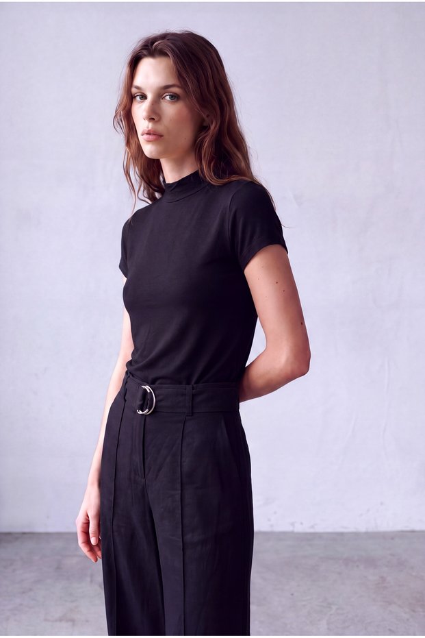 Women's Black Viscose Half Turtleneck Short Sleeve Double Sleeve Detailed Blouse Donna