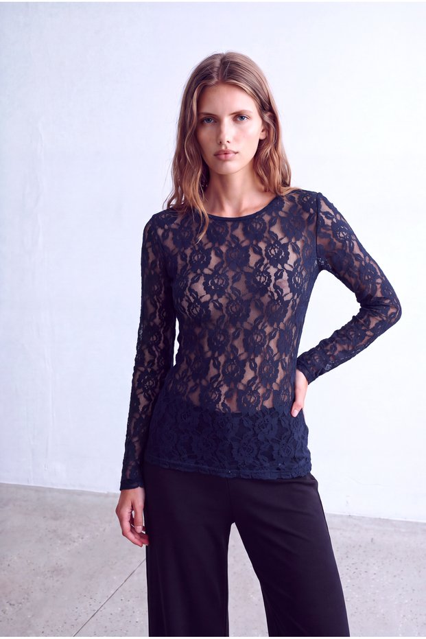 Women's Navy Blue Stretchy Lace Fabric Crew Neck Long Sleeve Transparent Blouse Layla