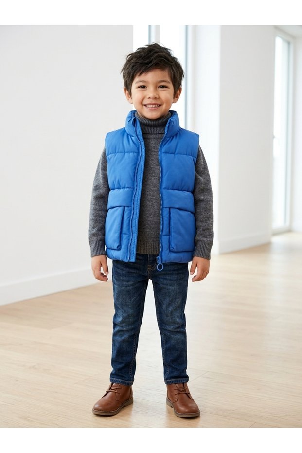 Boys' Stand Collar Puffer Vest - Double Pocket Casual Comfort Fit Vest
