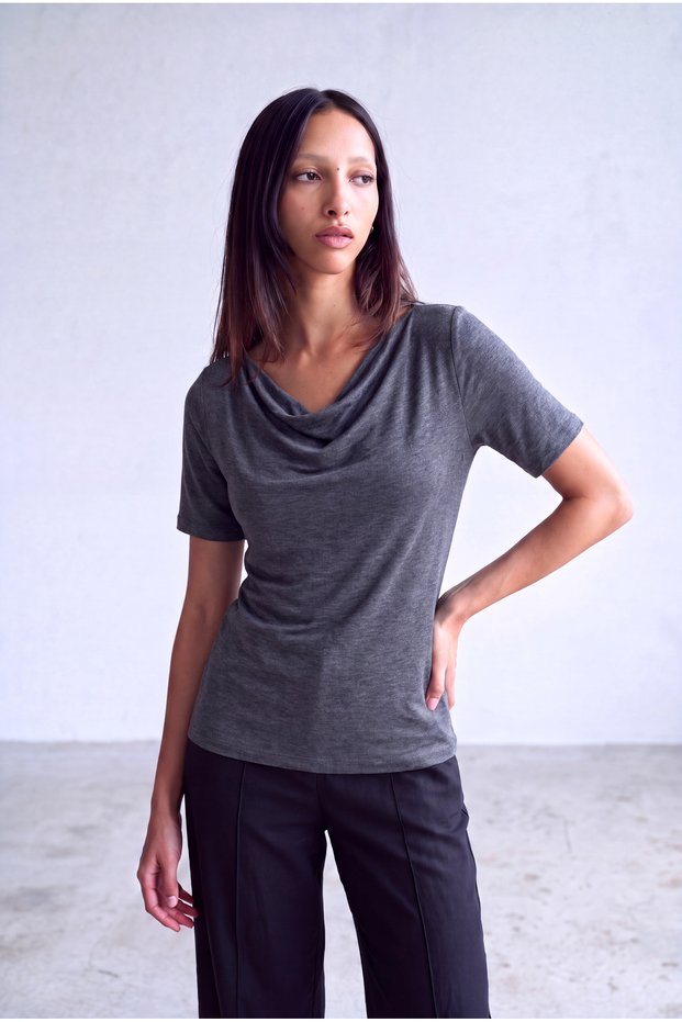 Women's Navy Blue Melange Viscose Blended Flowy Drape Collar Short Sleeve Blouse Gabrielle