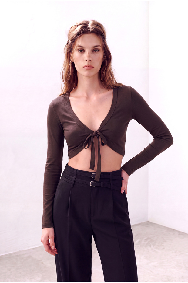 Women's Coffee Color Cotton V-Neck Long Sleeve Crop Blouse Brid