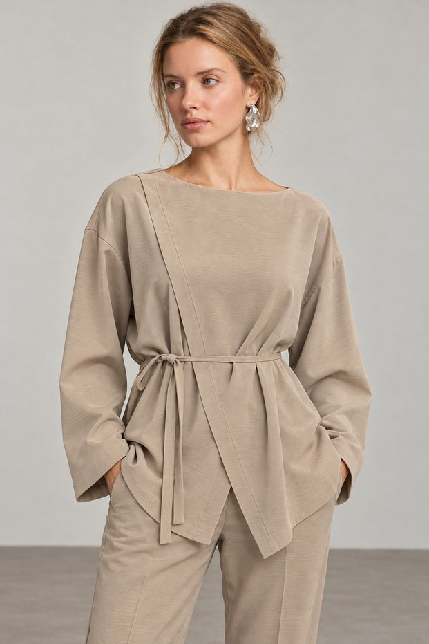 Kayık Yaka Belted Asymmetrical Women's Blouse | Mkw1711876-1
