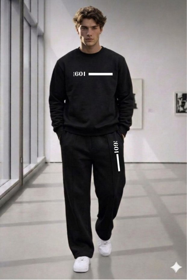 Men's Black No601 Printed Crew Neck 3 Thread Wide Leg Sweatpants Set