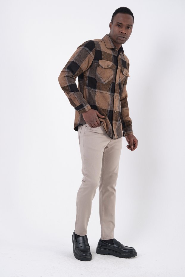 Brown Plaid Lumberjack Double Pocket Shirt