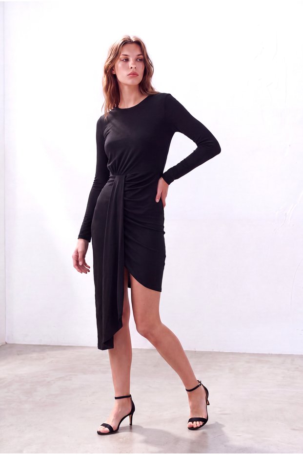 Women's Shiny Black Crew Neck Long Sleeve Dress with Asymmetrical Draping Detail on the Front Janet