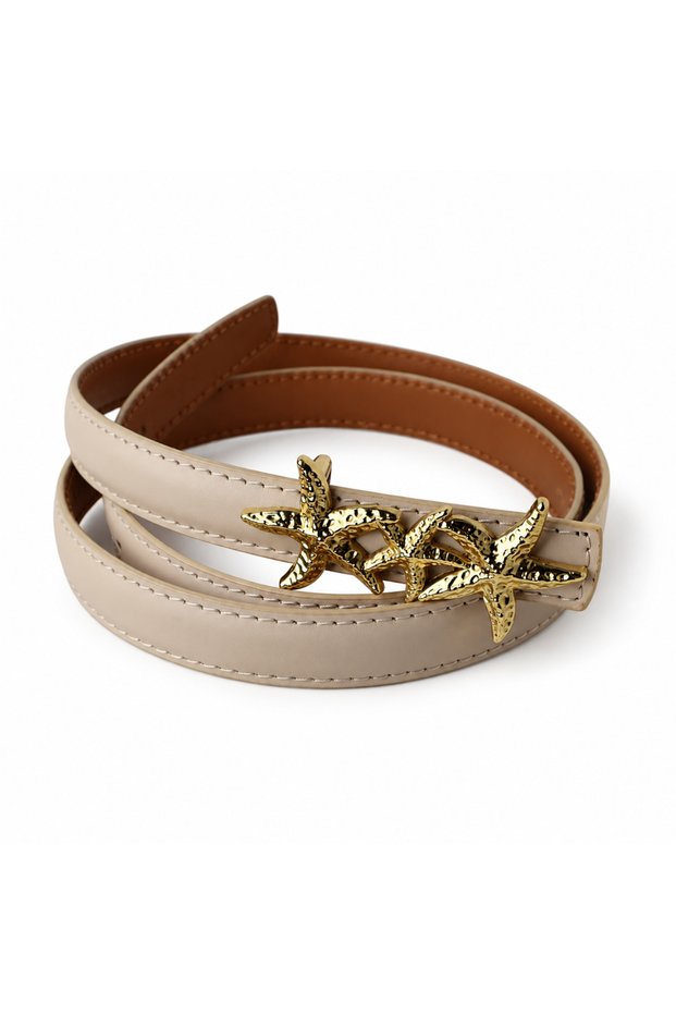 Star Buckle Cream Genuine Leather Women's Belt
