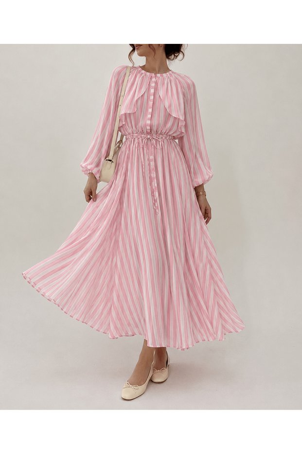 Striped Layered Ruffle Front Dress - 51405 - Powder Pink