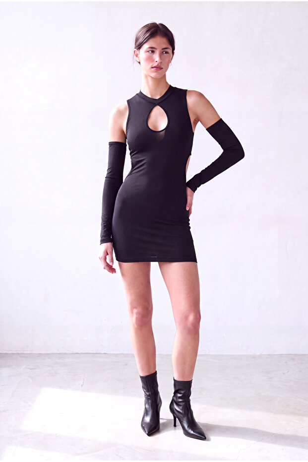 Women's Black Stretchy Textured Crew Neck Open Shoulder Sleeves Cut Out Detailed Mini Dress Meabh