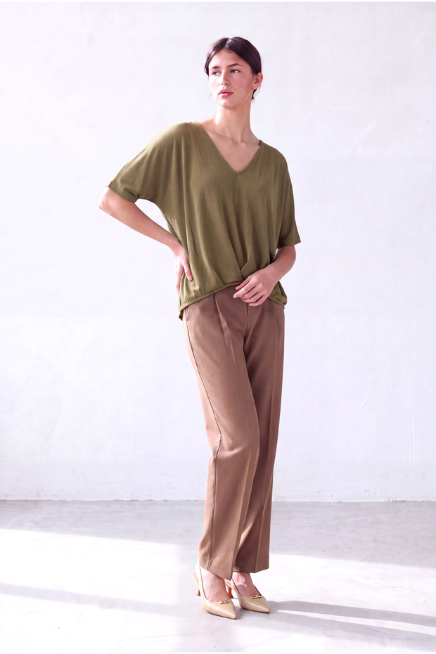 Women's Khaki Single Jersey Draped V-Neck 2/4 Sleeve Gathered Front Blouse Tegan