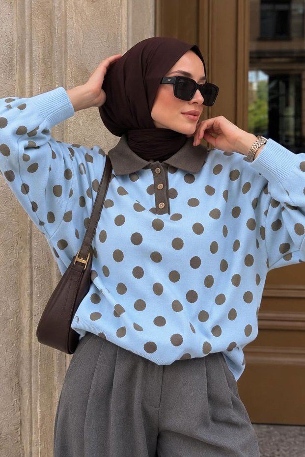 Buttoned Polka Dot Sweater Tsd260318 Blue