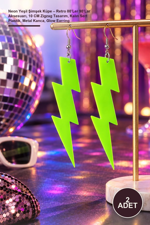 2 Pieces Neon Green Lightning Earrings – Retro 80S 90S Accessory, 10 cm Zigzag Design, Thick Hard Plastic, Metal Hook, Glow Earring