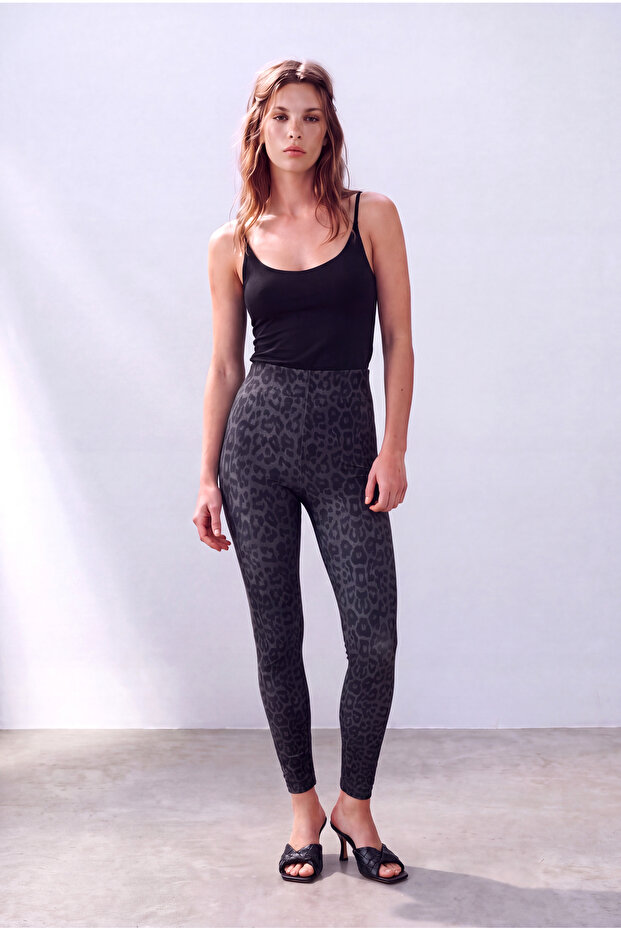 Women's Anthracite Leopard Patterned Single Jersey High Waist Elastic Leggings Pippa