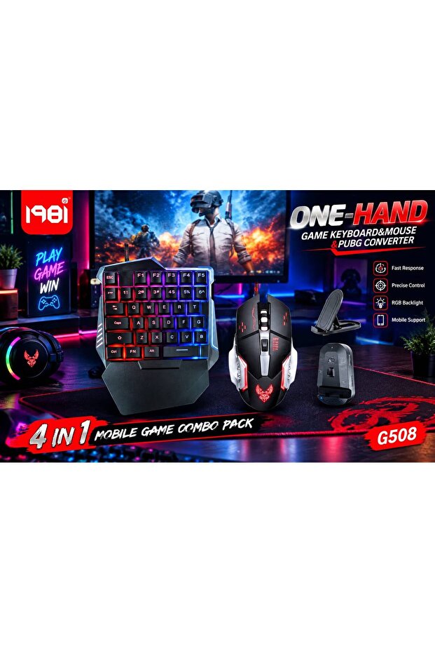 198i G508 4-in-1 Gaming Keyboard & Mouse Combo – One-Handed Mechanical Keyboard, High-Precision Mouse, PUBG Mobile Converter & Phone Holder