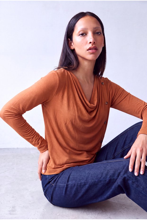 Women's Light Brown Viscose Draped Collar Long Sleeve Button Detailed Blouse Felicia