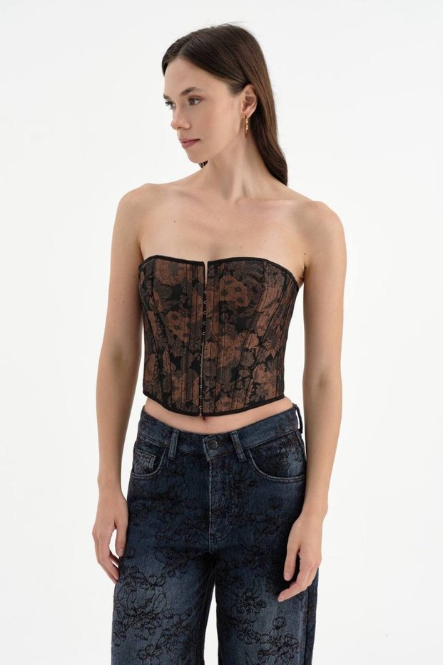 Women's Floral Jacquard Fabric Strapless Underwire Design Corset