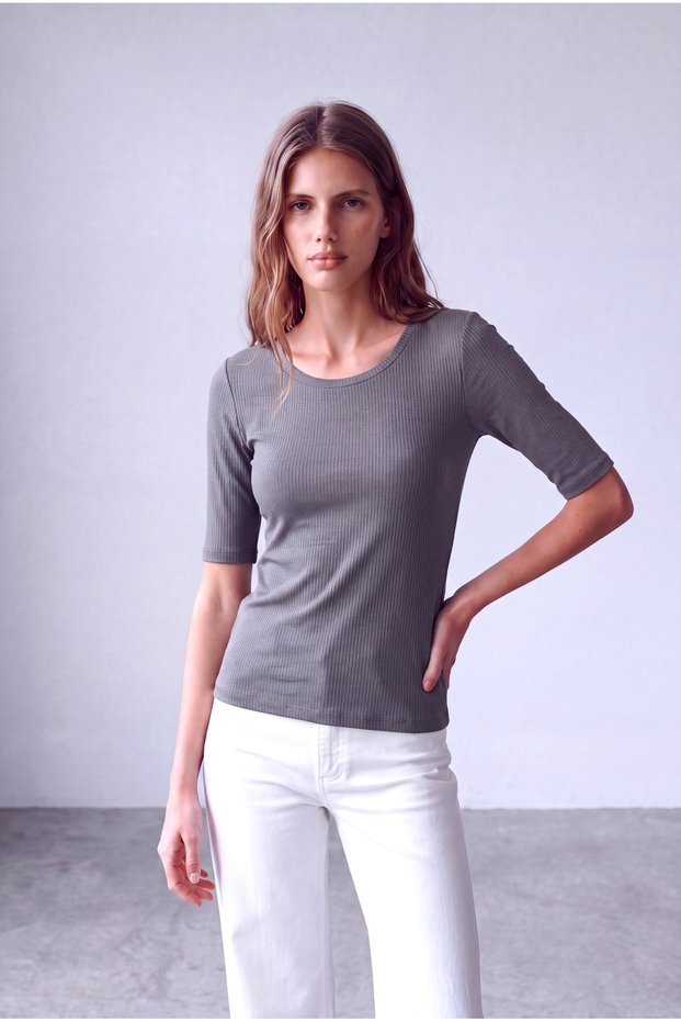 Women's Dark Gray Cotton Camisole Crew Neck 2/4 Sleeve Blouse Isabelle