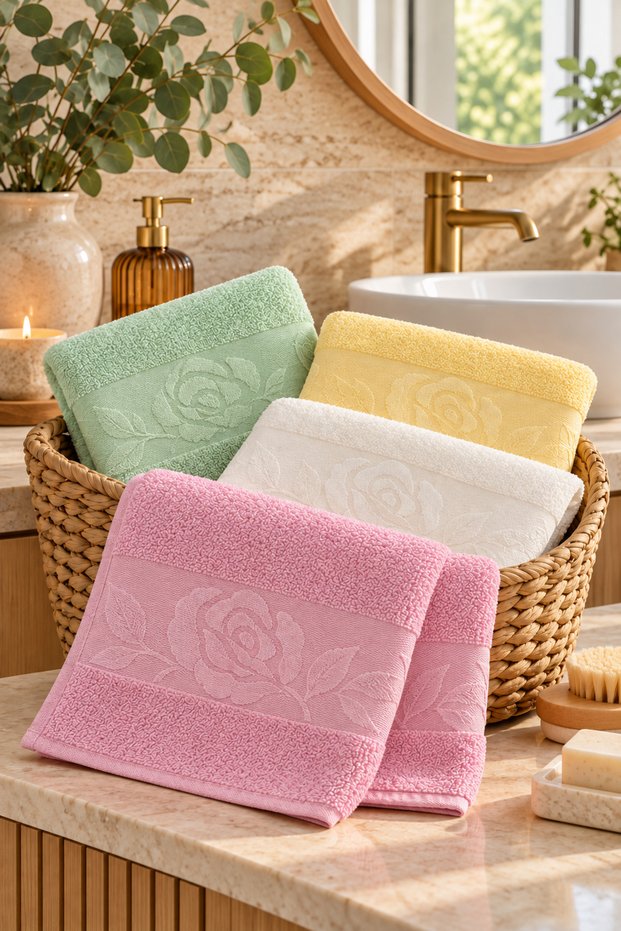 4-Piece 100% Cotton Hand-Face Towel Set with Roses Pink-Yellow-White-Green (45X85 cm)