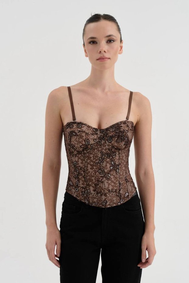 Women's Jacquard Sequin Fabric Strap Design Corset with Chest Pad