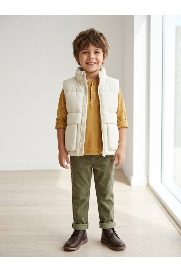 Boys' Stand Collar Puffer Vest - Double Pocket Casual Comfort Fit Vest